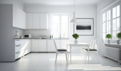  a white kitchen with a table, chairs and a refrigerator.  generative ai