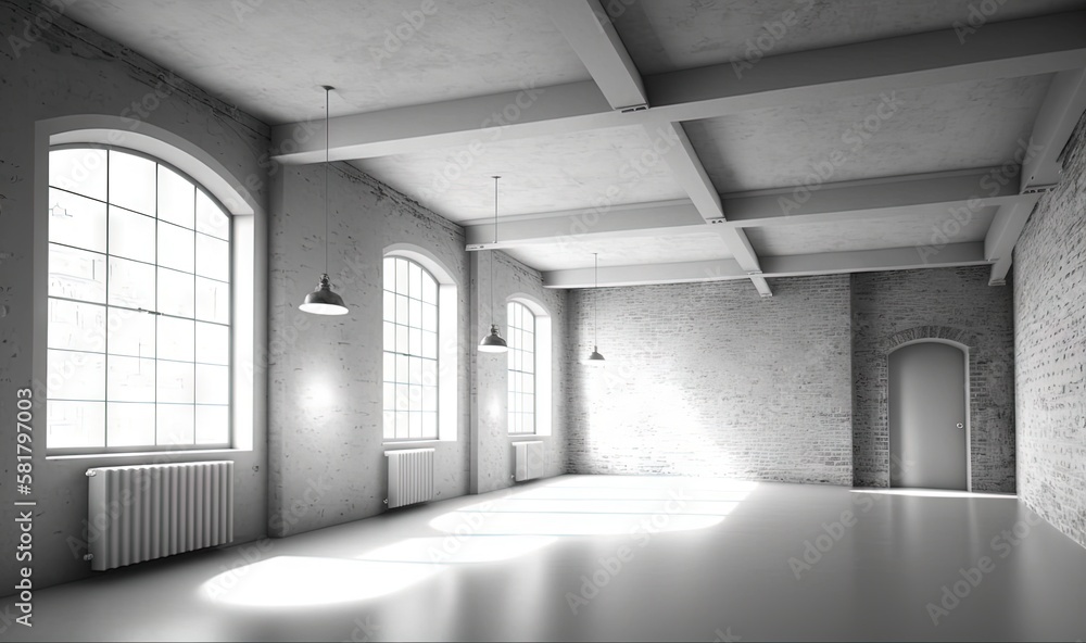 Poster an empty room with two windows and a radiator. generative ai