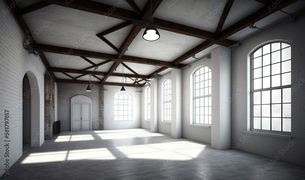 Poster a large empty room with two windows and a ceiling fan. generative ai