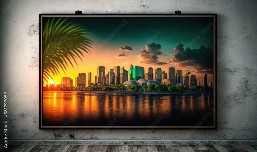 Poster a picture of a city with a palm tree in the foreground. generative ai