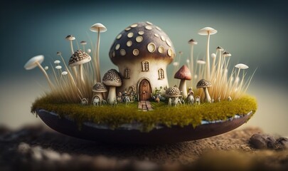 Naklejka premium a group of mushrooms sitting on top of a grass covered field. generative ai