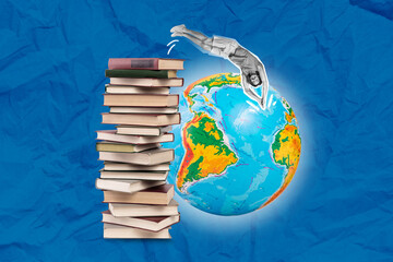 Blue color creative collage artwork picture sketch of clever smart guy like reading fiction genre...