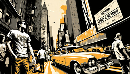 New York Yellow Cab Taxi City View - Illustration, Wallpaper - obrazy, fototapety, plakaty