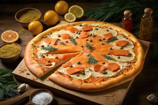 On a white wooden board, salmon topped Roman pizza is presented. traditional seafood pizza in Rome. Generative AI