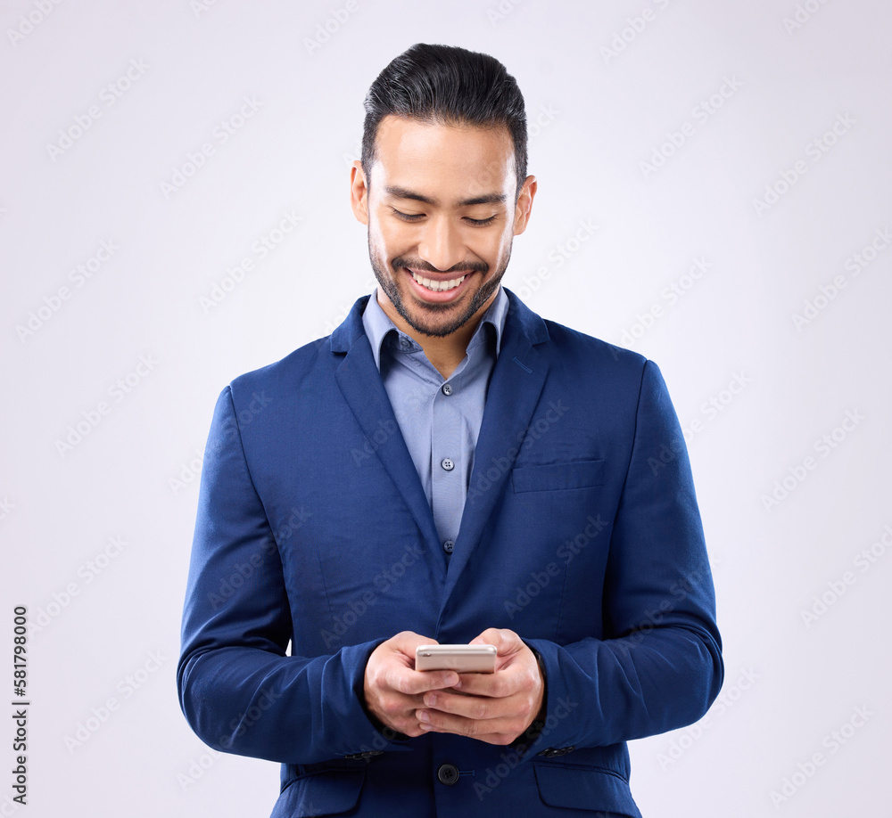 Poster asian man, business and phone in studio for communication and network connection. happy male model i