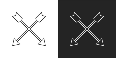 black and white crossed arrow flat icon. weapon, arrow, arrows, cross, crossed, bow, archer, archery, hunt, hunting, hunter, war, warrior, sticker, clipart, logo, simple, logotype, vector illustration
