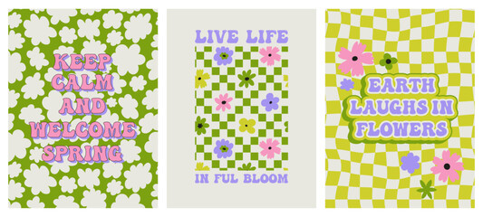 Fototapeta na wymiar Groovy spring posters. Motivating slogan. Retro print with hippie elements. Vector lettering for cards, posters, t-shirts, etc. 