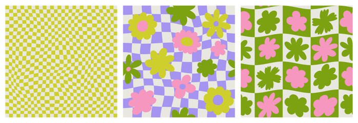 Set with seamless patterns groovy aesthetic. Spring mood. Cute flowers. Retro background for design and card, covers, package, wrapping paper.