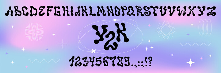 Psychedelic alphabet.
Letters and numbers in Y2K style. Elements for social media, web design, poster, banner, greeting card. Liquid abc - 581798658