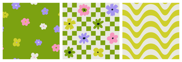 Set with seamless patterns groovy aesthetic. Spring mood. Cute flowers. Retro background for design and card, covers, package, wrapping paper.