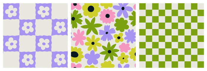 Set with seamless patterns groovy aesthetic. Spring mood. Cute flowers. Retro background for design and card, covers, package, wrapping paper.