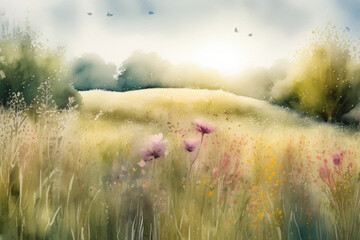 Watercolor illustration of a flower meadow hill