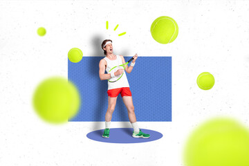 Creative 3d photo artwork graphics collage painting of funky funny guy enjoying tennis playing...