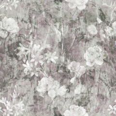Gray Shabby Floral. Decorative seamless pattern. Repeating background. Tileable wallpaper print.