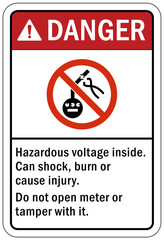 Electric meter room sign and labels hazardous voltage inside. Can shock, burn or cause injury. Do not open meter or tamper with it