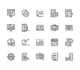 Set of data analytics icons, statistics, and database. Perfect for website mobile app presentation. Suitable for any user interface. Editable Strokes