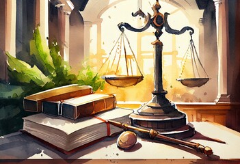 Watercolor Illustration of a Judicial Gavel, Book And Scales Of Justice On Background Of Court Hall. Based On. Generative AI