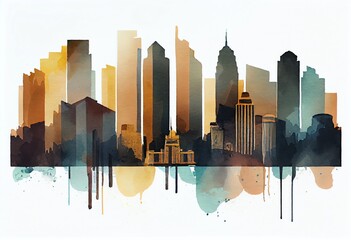 Watercolor Illustration of a Stylish City With Skyscrapers. Urban Stripe Illustration. House Silhouettes. Generative AI