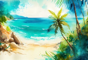 Fototapeta na wymiar Watercolor Illustration of a Sunny Tropical Caribbean Beach With Turquoise Water, Caribbean Island Vacation, Hot Summer Day. Illustration. Generative AI