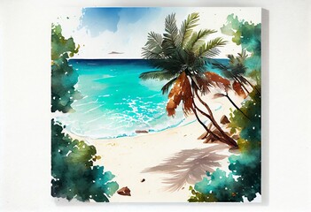 Watercolor Illustration of a Sunny Tropical Caribbean Beach With Turquoise Water, Caribbean Island Vacation, Hot Summer Day. Illustration. Generative AI