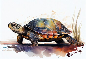Obraz premium Watercolor Illustration of a Sea Â€‹Â€‹Turtle Walking On The Ground On White Background. Generative AI