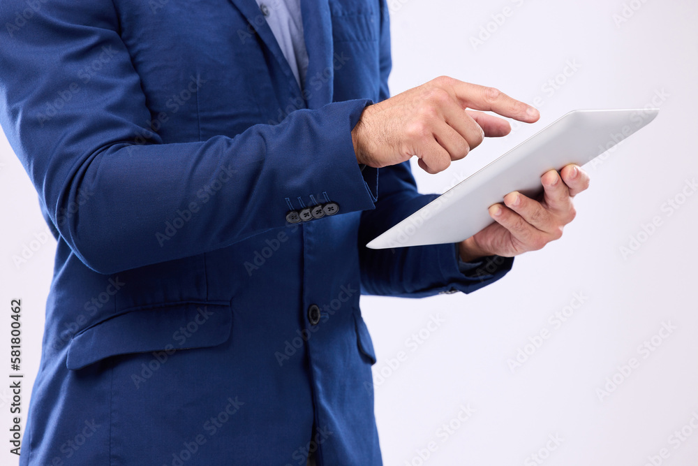 Poster business man, tablet in hands and in studio for communication with network connection on social medi