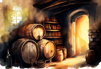 Watercolor Illustration of a Old Wine Cellar With Barrels In It. Generative AI