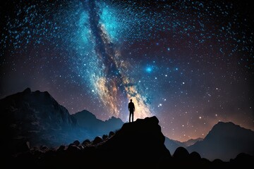 Landscape with Milky Way. Night sky with stars and silhouette of a standing happy man on the mountain. Generative AI