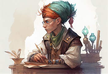 Watercolor Illustration of a Scribe Character Portrait, Rpg, Fantasy Avatar And Token. Generative AI