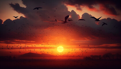 A sunset with birds flying over the water and the sky is orange, Generative AI