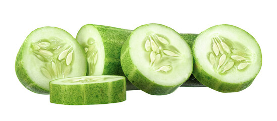Slice and half of Cucumber isolated on transparent background, PNG image