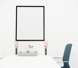 wall frame mockup design, One chairs on side of a table, and two beautiful flower tubs and flowers on the table, a frame mockup on the wall in the middle.