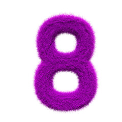 purple number 8 Fur 3D element render, Typography fluffy style