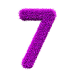 purple number 7 Fur 3D element render, Typography fluffy style