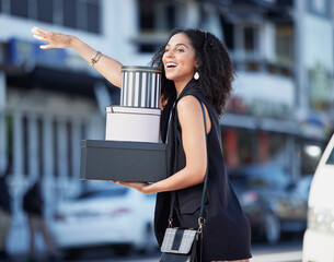 Black woman, gift boxes and present box of a customer hail taxi outdoor in the city. Fashion sale, boutique and retail store promotion of a happy person done shopping and looking for transport
