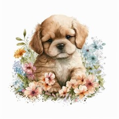 Cute Baby Puppy Floral, Wildlife, Innocent, Playful, Charming, Spring Flowers, illustration ,clipart, isolated on white background