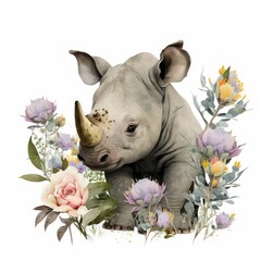 Cute Baby Baby Rhino Floral, Spring Flowers, illustration ,clipart, isolated on white background 