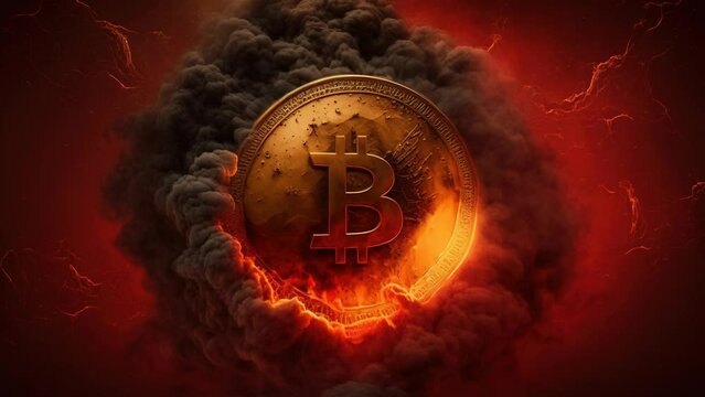 Bitcoin golden metal coin burning, blockchain concept fire and smoke, crypto concept looped animation