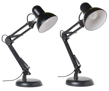 set of vintage black desk lamp isolated, taken in different angles, interior office or home decoration concept, template mock-up