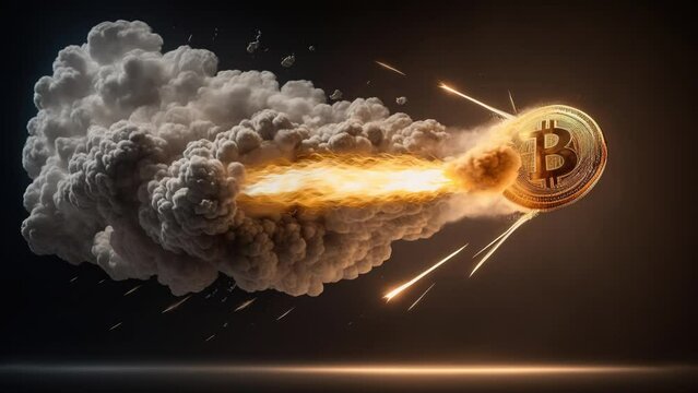 Bitcoin flying like a rocket, spaceship with fire and smoke, crypto concept looped animation