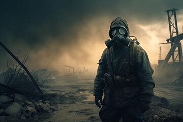 Post apocalyptic survivor in gas mask. Environmental disaster, armageddon concept. Generative ai.