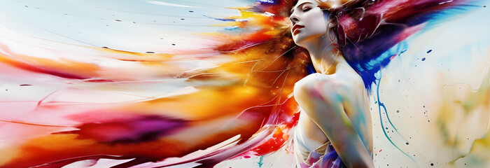 wide banner panorama colorful aquarell artistic young woman face portrait, fashion painted, sexy girl, watercolor style illustration by Generative AI - obrazy, fototapety, plakaty