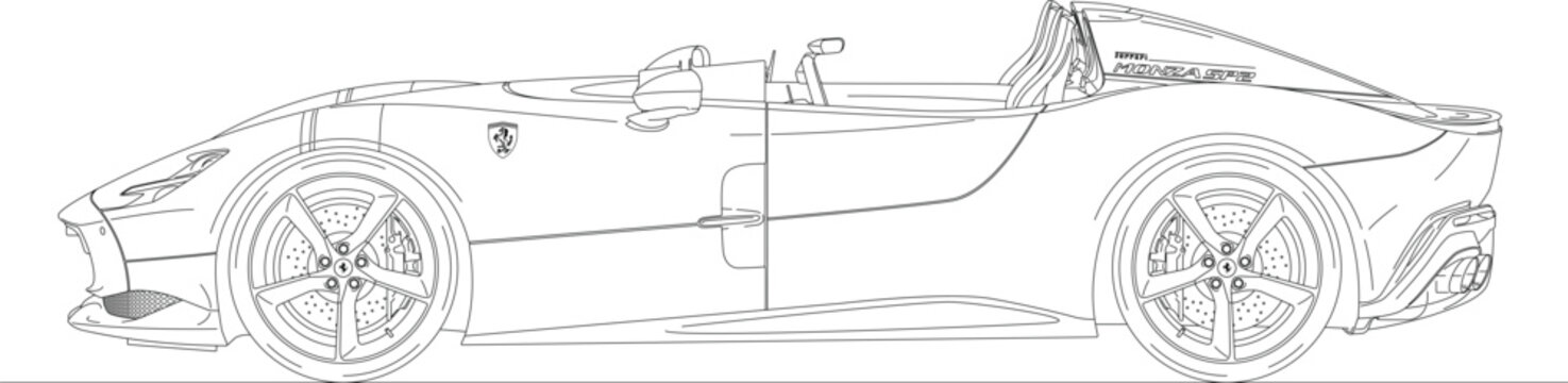 Maranello, Italy, year 2018, Ferrari Monza SP2 special super car roadster, silhouette outlined on the white background, illustration