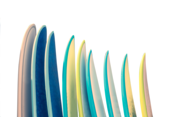 Photo of a row of colorfulvintage surfboards isolated on transparent background, png file
