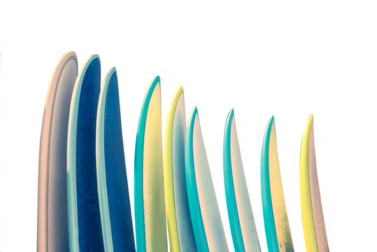 Photo of a row of colorfulvintage surfboards isolated on transparent background, png file