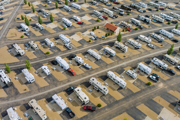 Aerial view of trailer RV vacation in recreational vehicle parking camping park