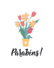 Congratulations in Portuguese. Ink illustration with hand-drawn lettering. Parabens.
