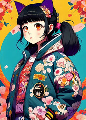 An anime cute teen girl with dark hair and cat modern dressed, fantasy giapponese character illustration, generative ai.