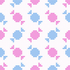 Fototapeta na wymiar Cute pink and blue candies seamless pattern on white background, cartoon character hand drawn illustration, design for texture, fabric, clothing, wrapping paper, decoration, print.