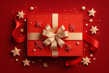 Luxury holiday background with gift boxes and stars. Red. Merry Christmas, winter holiday, happy new year, advertisement, invitation, or birthday card concept made with Generative AI 